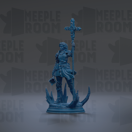 A blue figurine of a person holding a cross stands on a base, with the text "MEUPLE ROOM" repeated in the background.