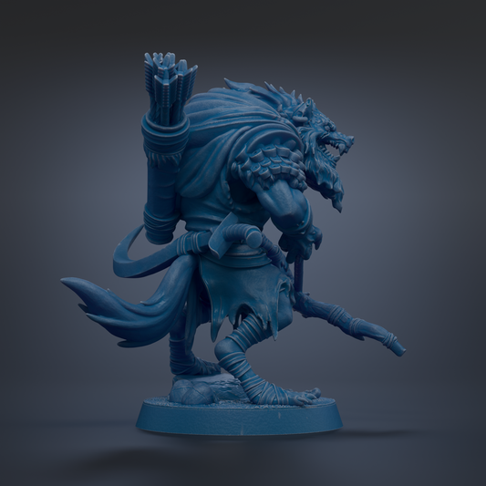 A blue, fantastical creature resembling a wolf or werewolf with a bow and arrow, standing on a base.