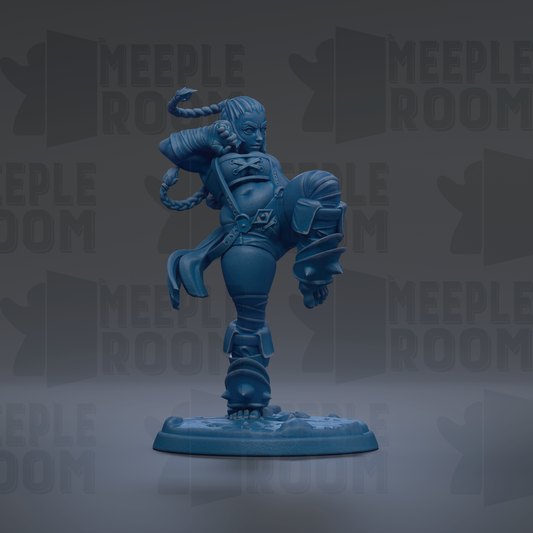 A blue figurine of a female character with braided hair and a determined expression, standing on a base and holding a weapon.