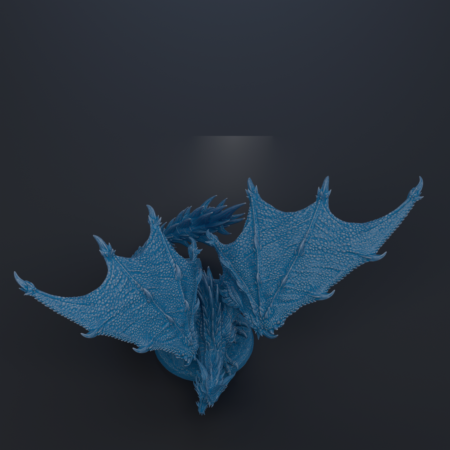 A blue dragon-like creature with sharp, pointed features and large, spread wings is depicted against a dark background.