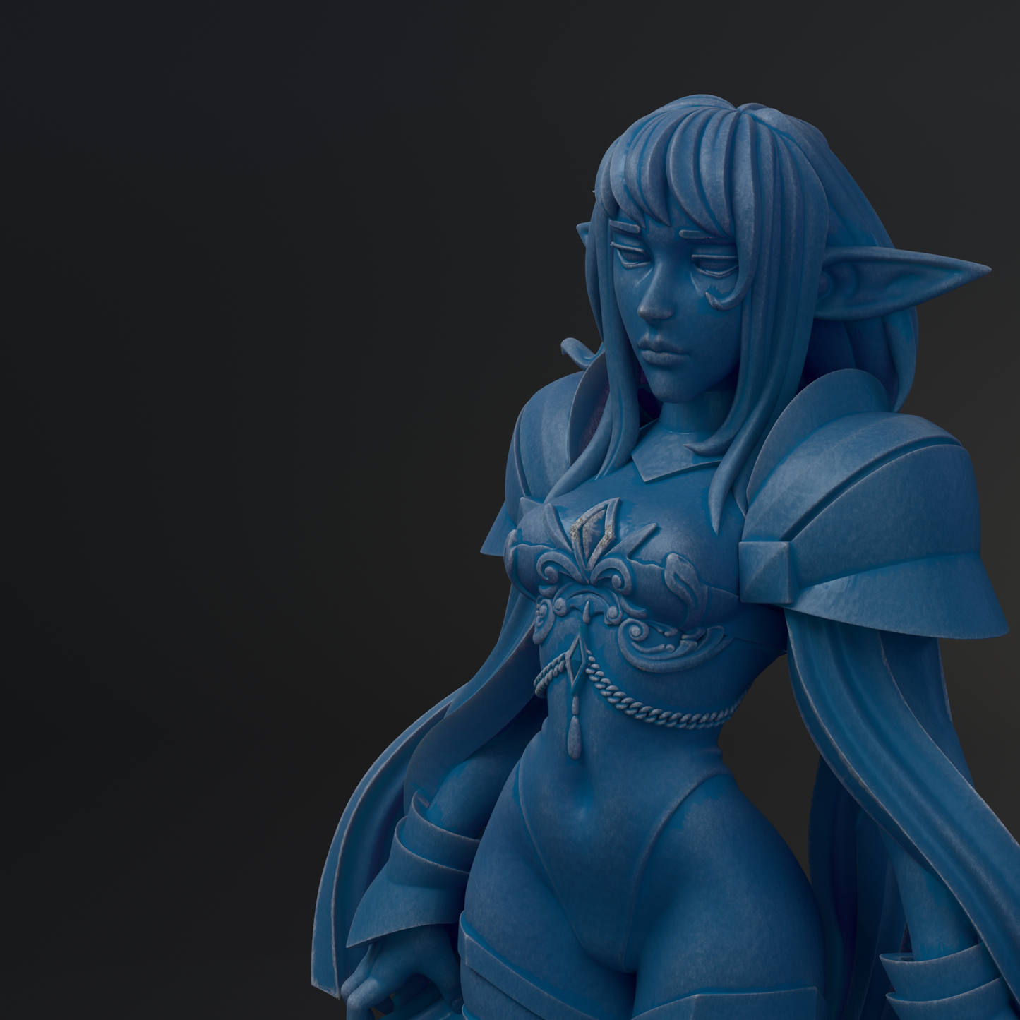 A blue, 3D-rendered female character with long hair and a flowing robe, standing against a dark background.