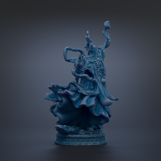 A blue, 3D-rendered statue of a figure with flowing robes and a headdress, standing on a pedestal against a dark background.
