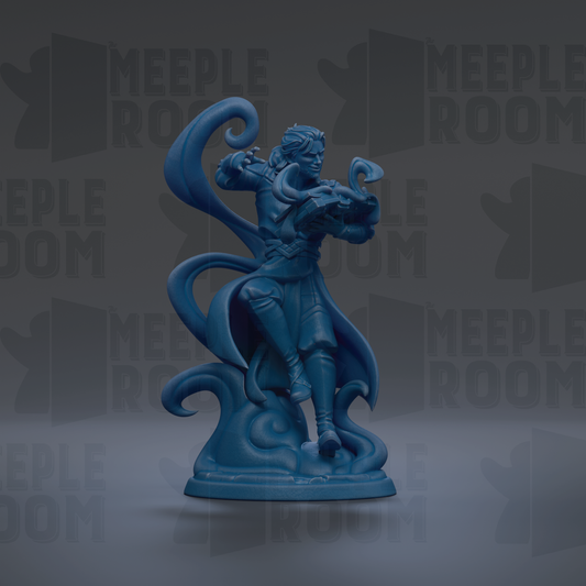 A blue figurine of a person with a snake-like creature on their shoulder, standing on a platform and holding a weapon.