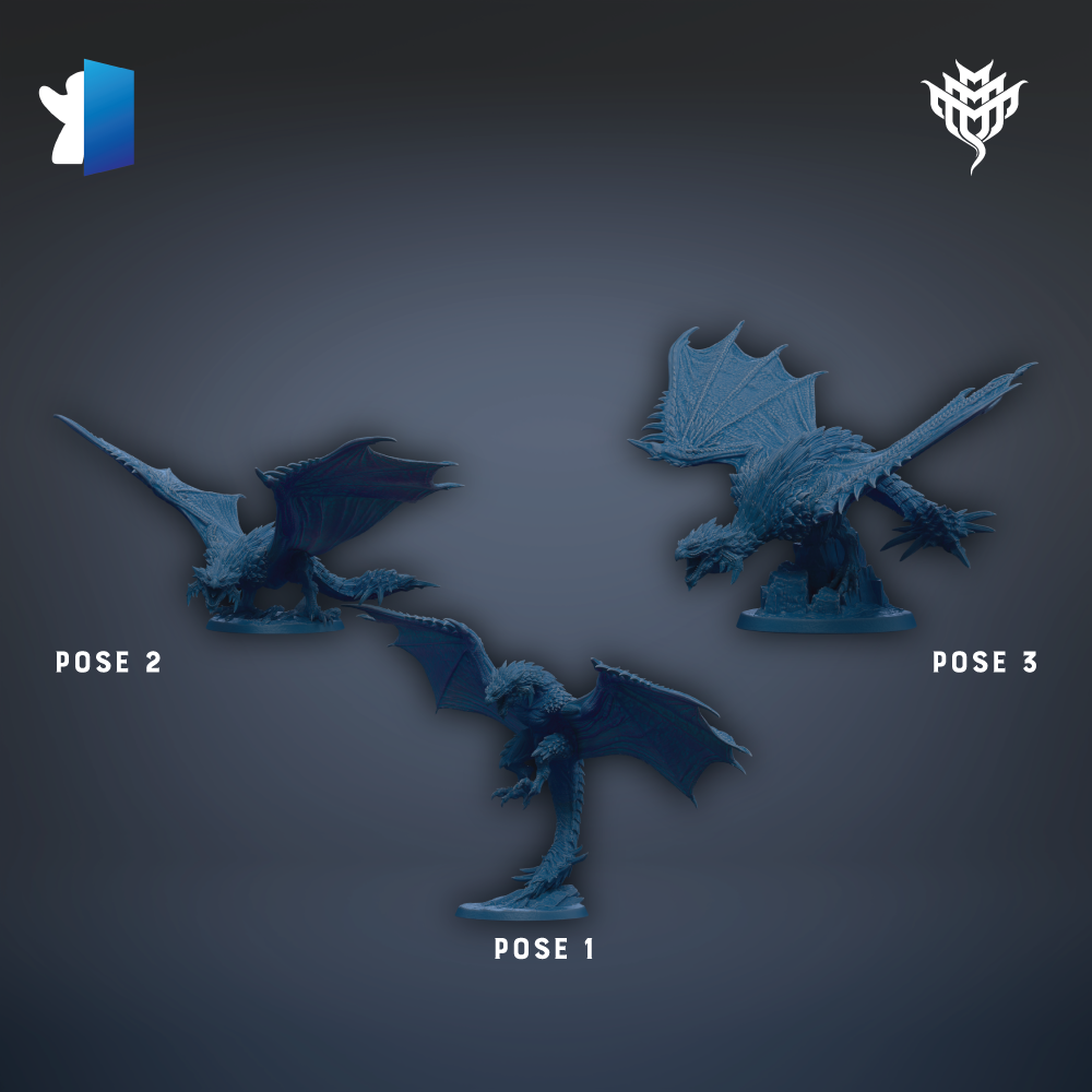 Three blue dragon figurines are displayed against a dark background, each in a different pose.