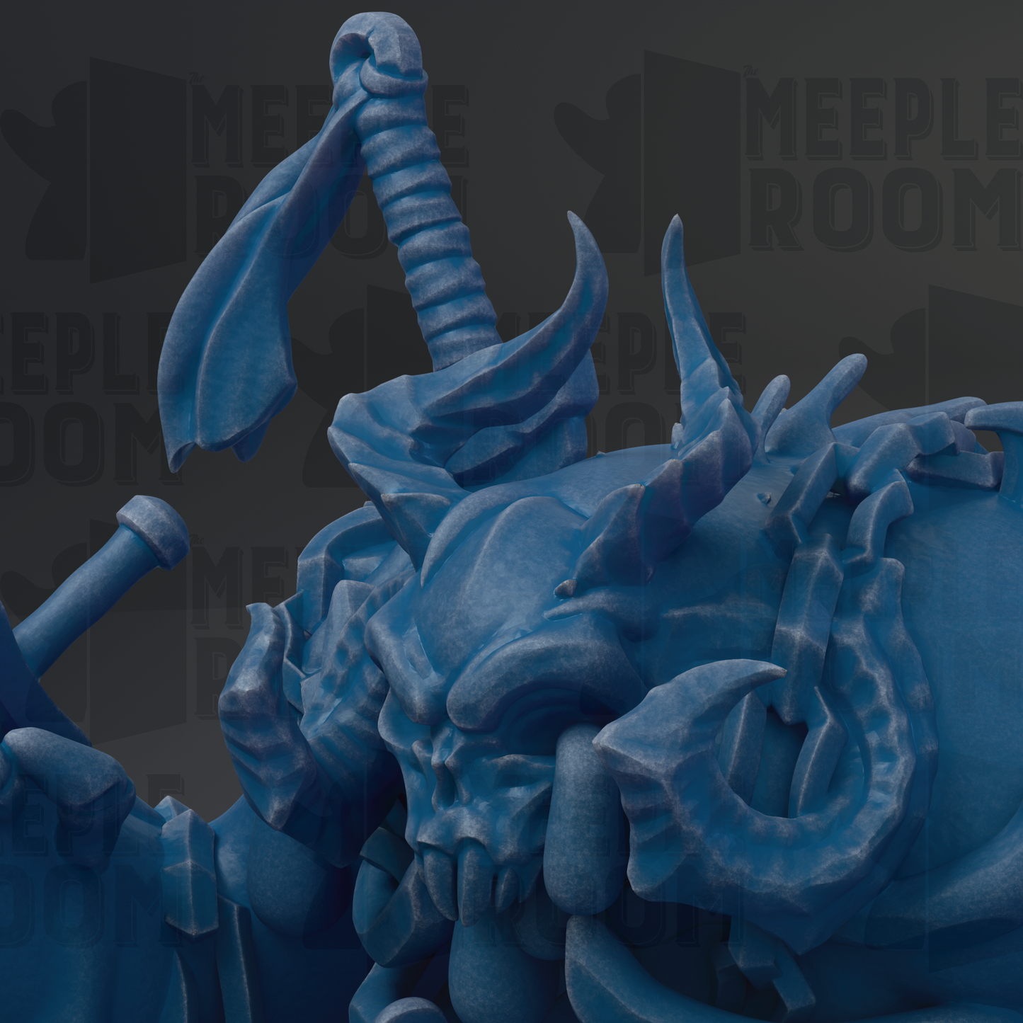 A close-up view of a blue, sculpted creature with sharp, jagged features and a fierce expression, set against a dark background.