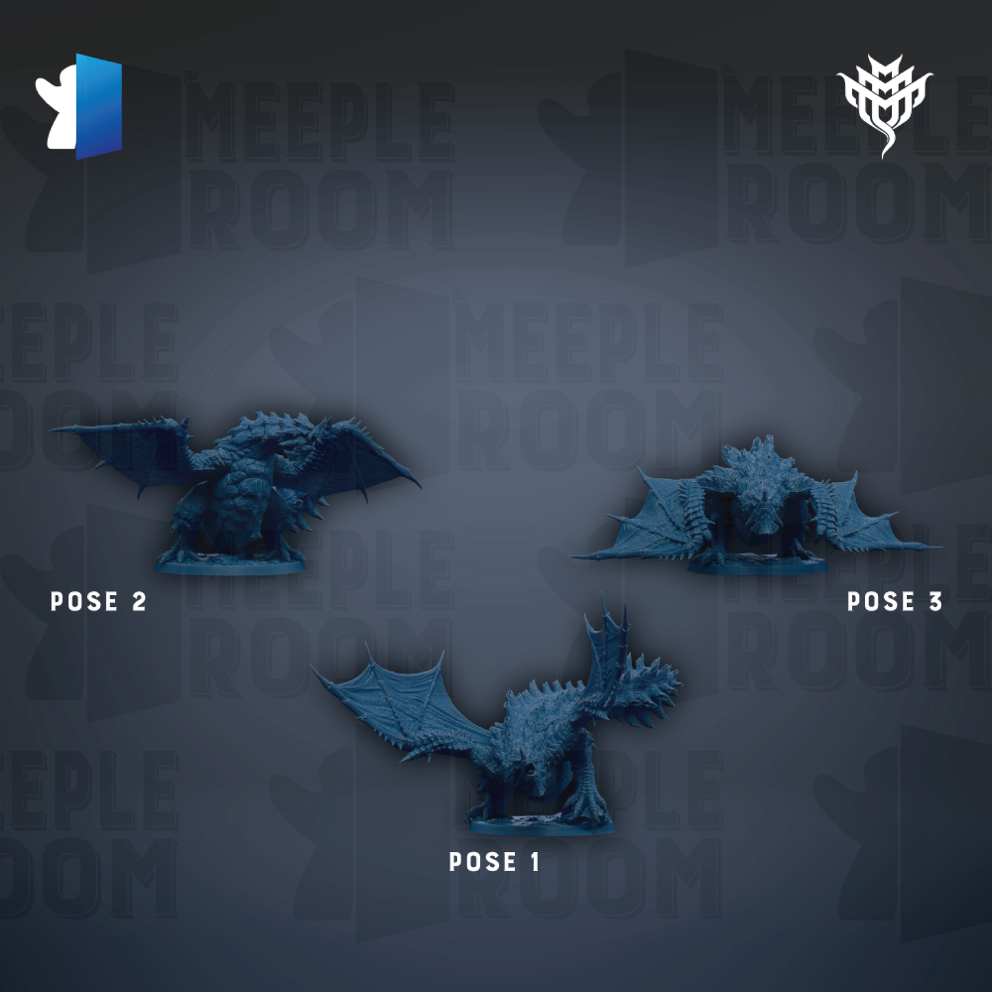 three blue dragon statues, each in a different pose, arranged against a dark background with repeated text.