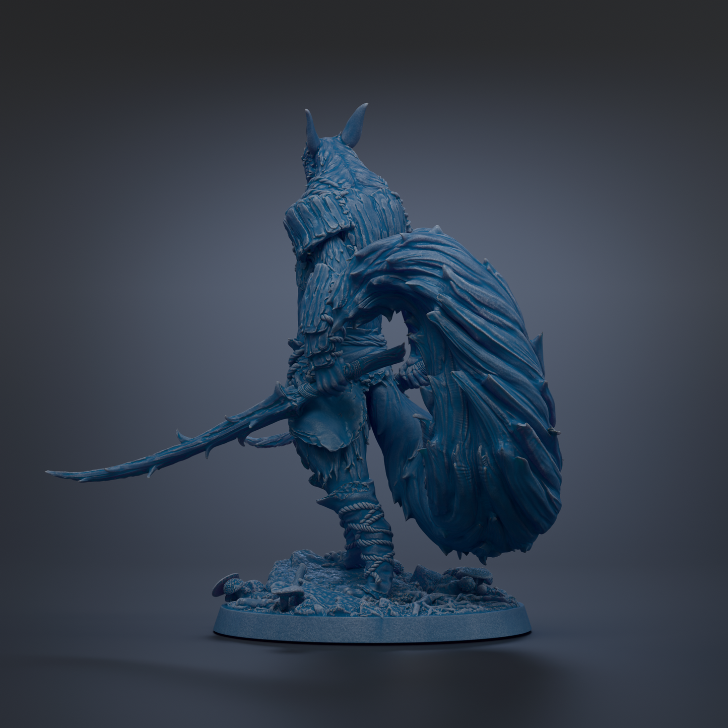 A blue, fantastical creature with a large, flowing cape and a long, curved weapon stands on a rocky base against a dark background.