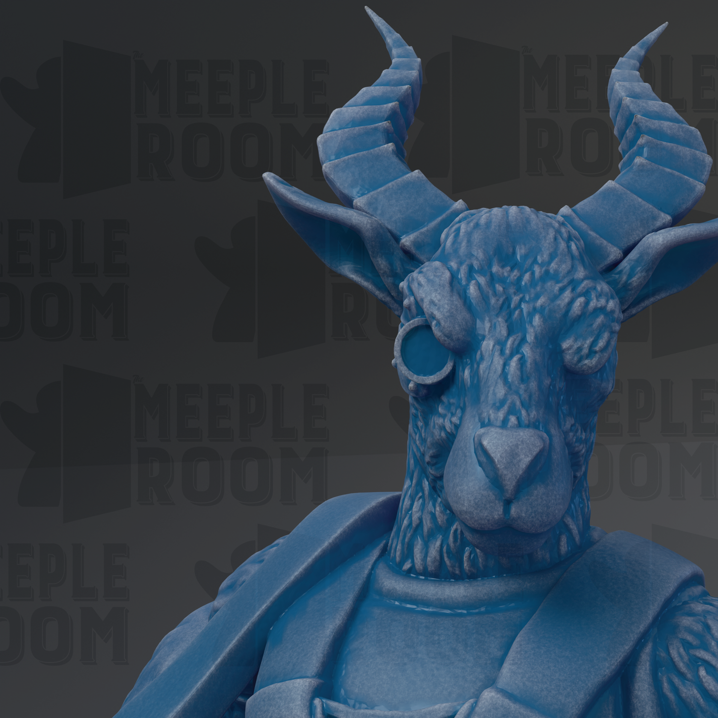 A close-up of a blue, horned statue with a detailed face and features, set against a dark background with repeated text.