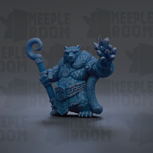 A blue, armored fantasy creature with a staff and a large claw, standing against a dark background with repeated text.