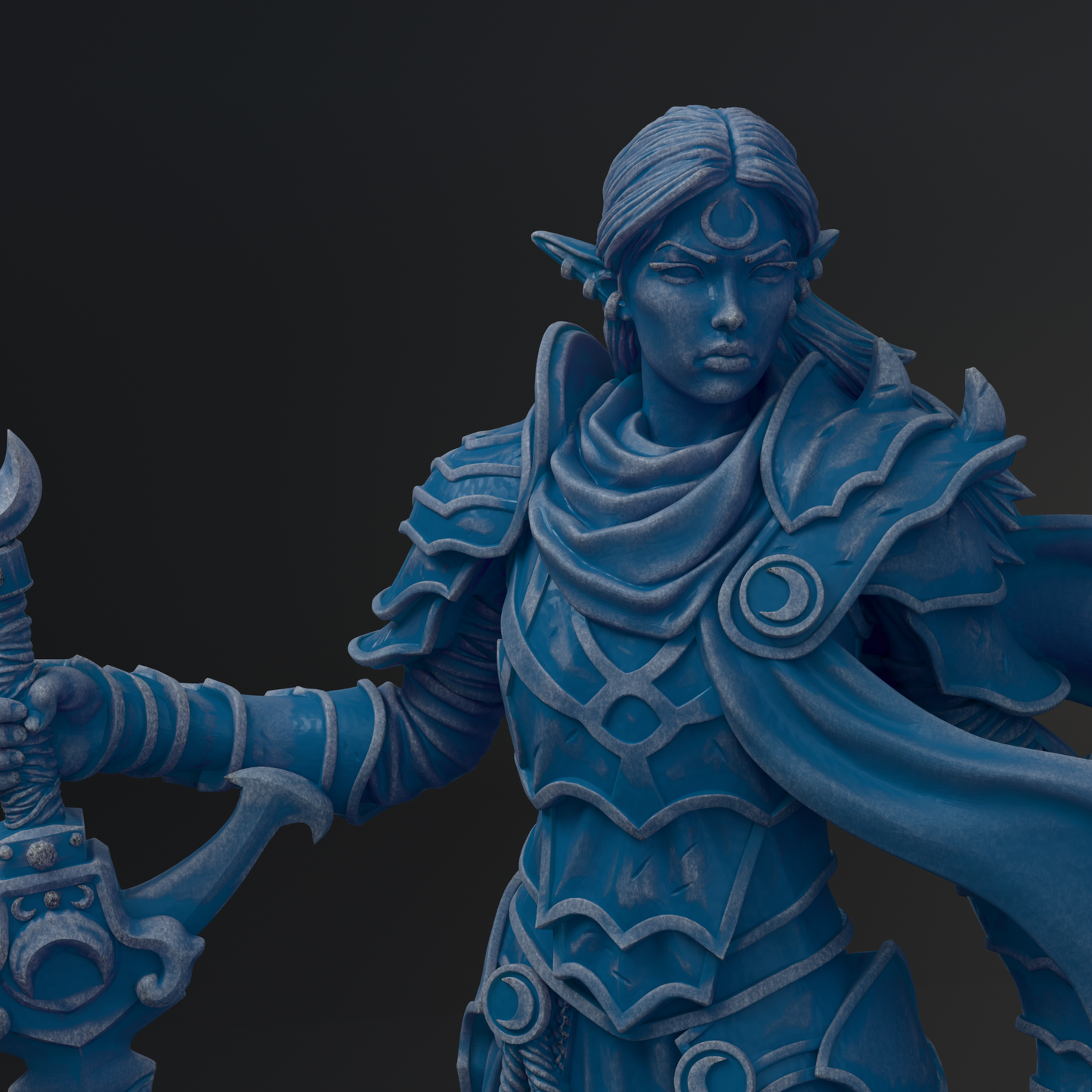 A detailed 3D rendering of a female warrior figure in blue armor, holding a sword and shield, with a serious expression on her face.
