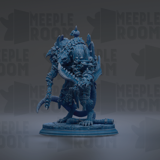 A blue, 3D-rendered figurine of a fantastical creature with intricate details and sharp teeth, standing on a platform against a dark background with repeated text.