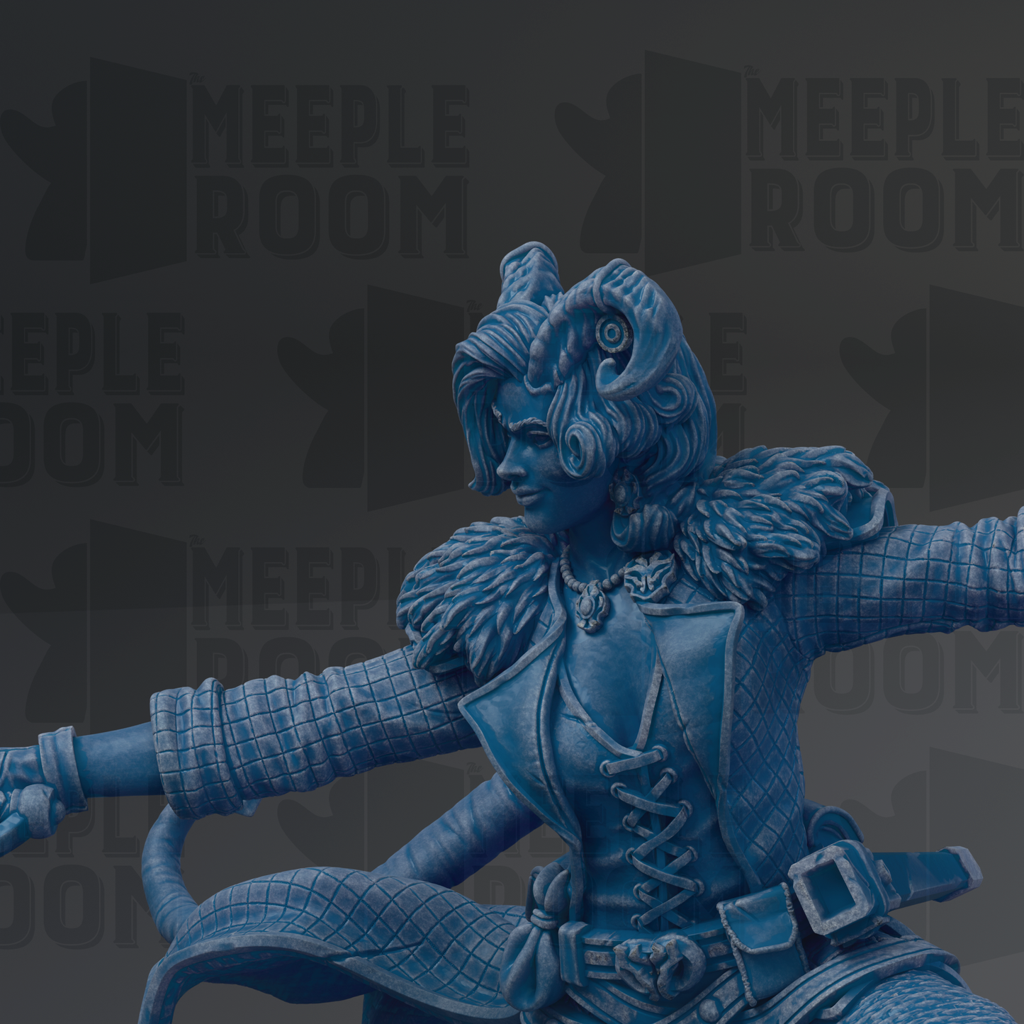 A close-up of a blue statue depicting a woman with horns and a flowing robe, set against a dark background with repeated text.