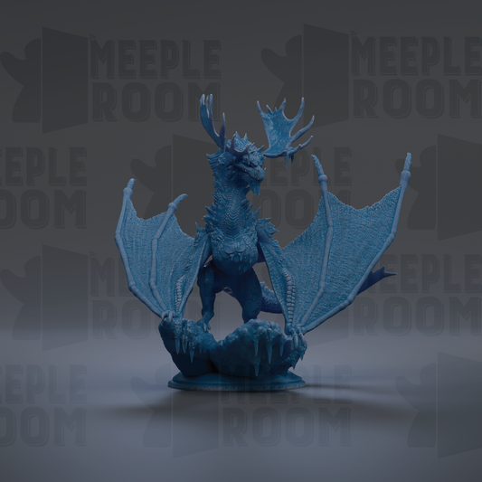 A blue dragon figurine with wings and horns is depicted in the image.