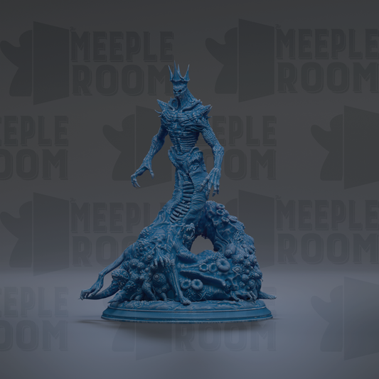 A 3D rendering of a blue, fantastical creature with a crown-like head, standing on a base and surrounded by other similar creatures.