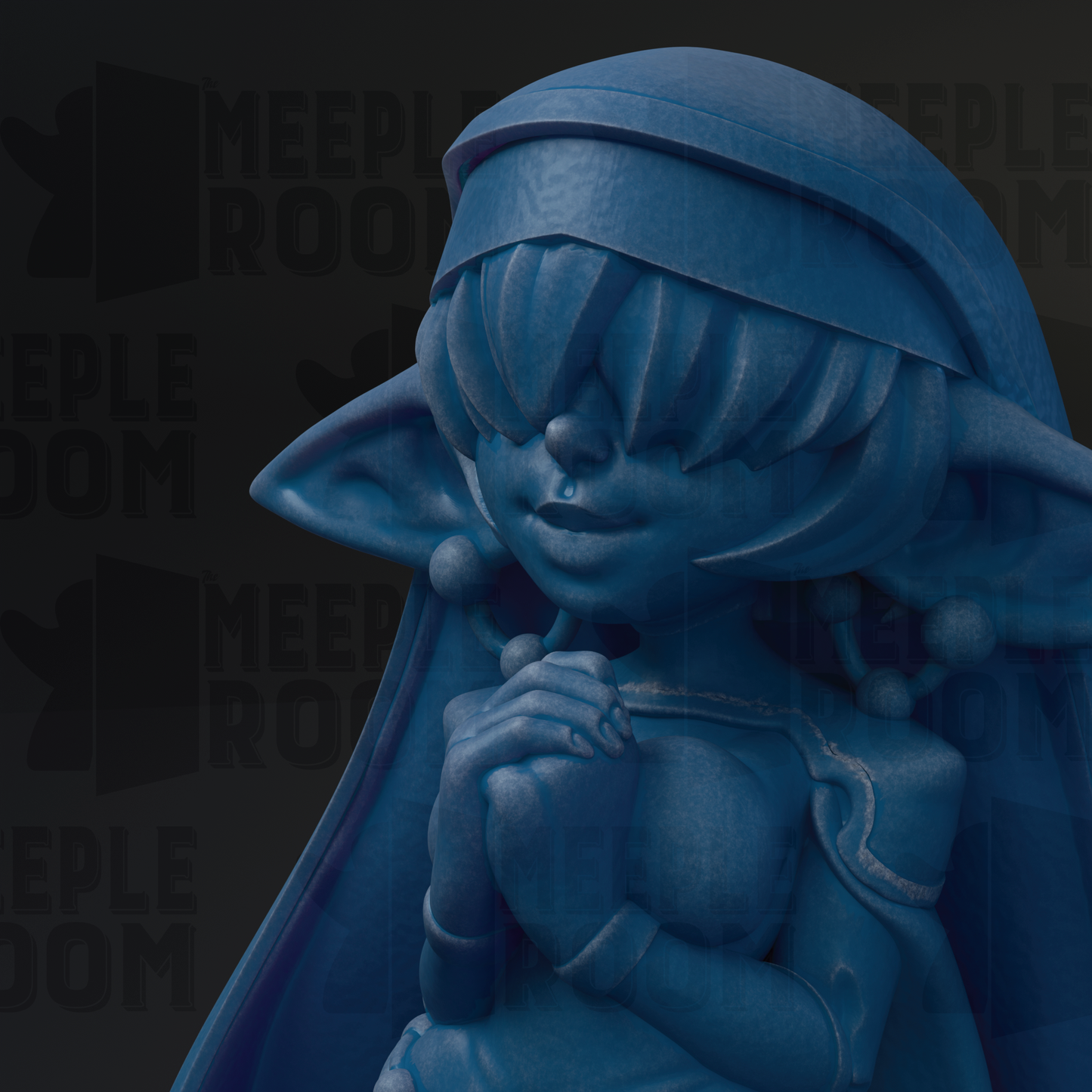 A close-up of a blue, 3D-rendered statue of a person with a pensive expression, wearing a hat and holding a book.