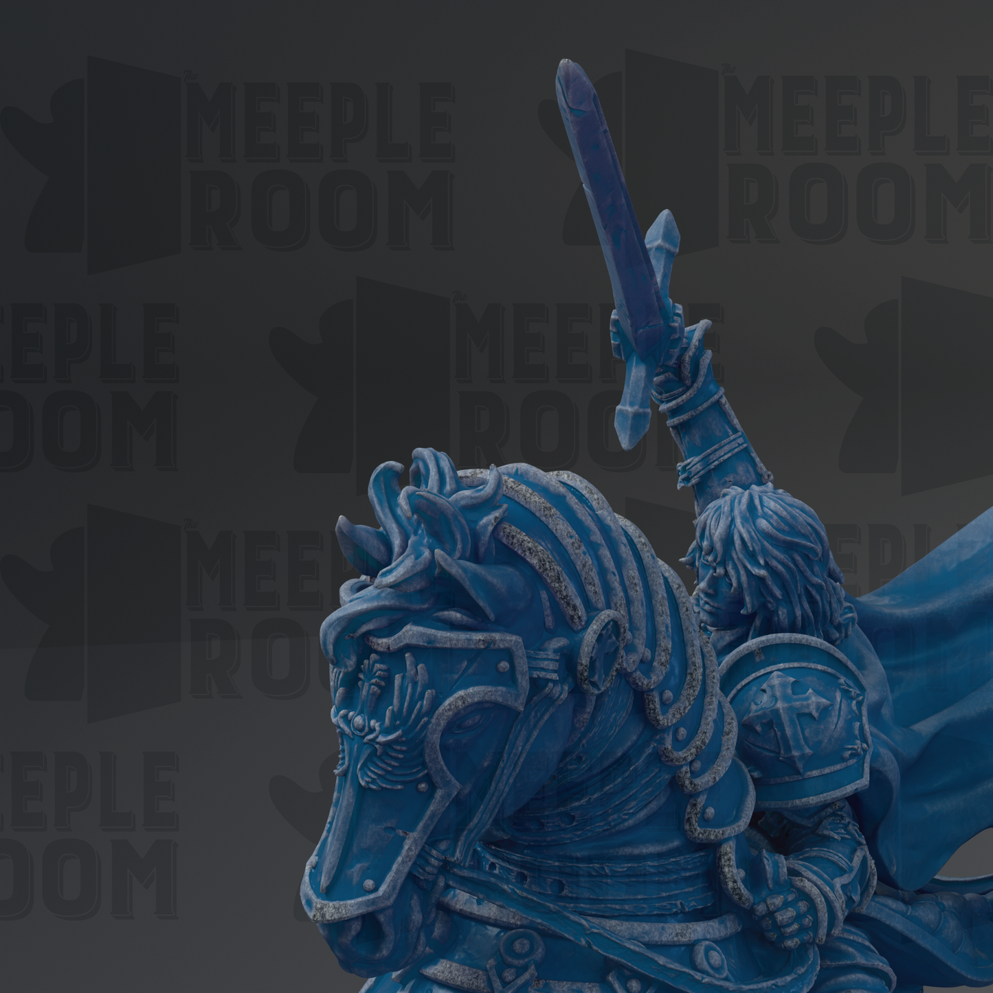 A blue statue of a knight on horseback, holding a sword and wearing armor, is the central focus of the image.