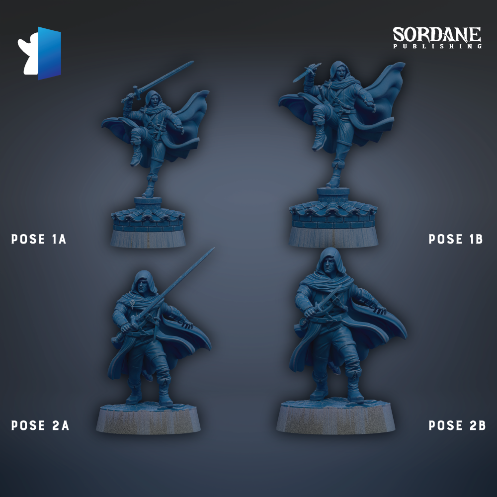 four figurines of a person in a fighting stance, each with a sword, arranged in a grid-like pattern.