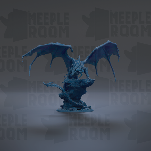 A blue dragon figurine with wings spread, standing on a rock formation against a dark background with repeated text.