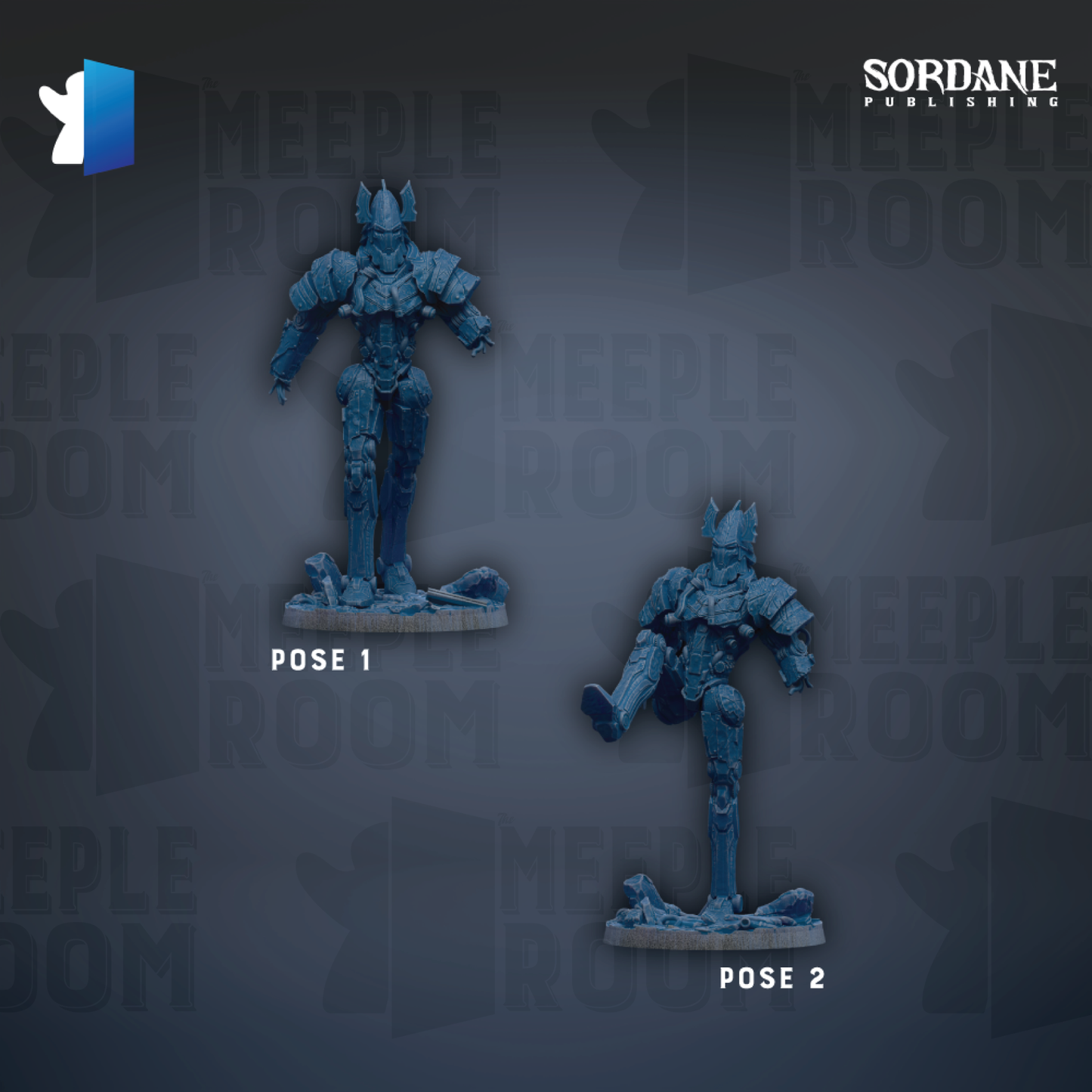 two blue robot figurines, one standing and one kneeling, against a dark background with repeated text.