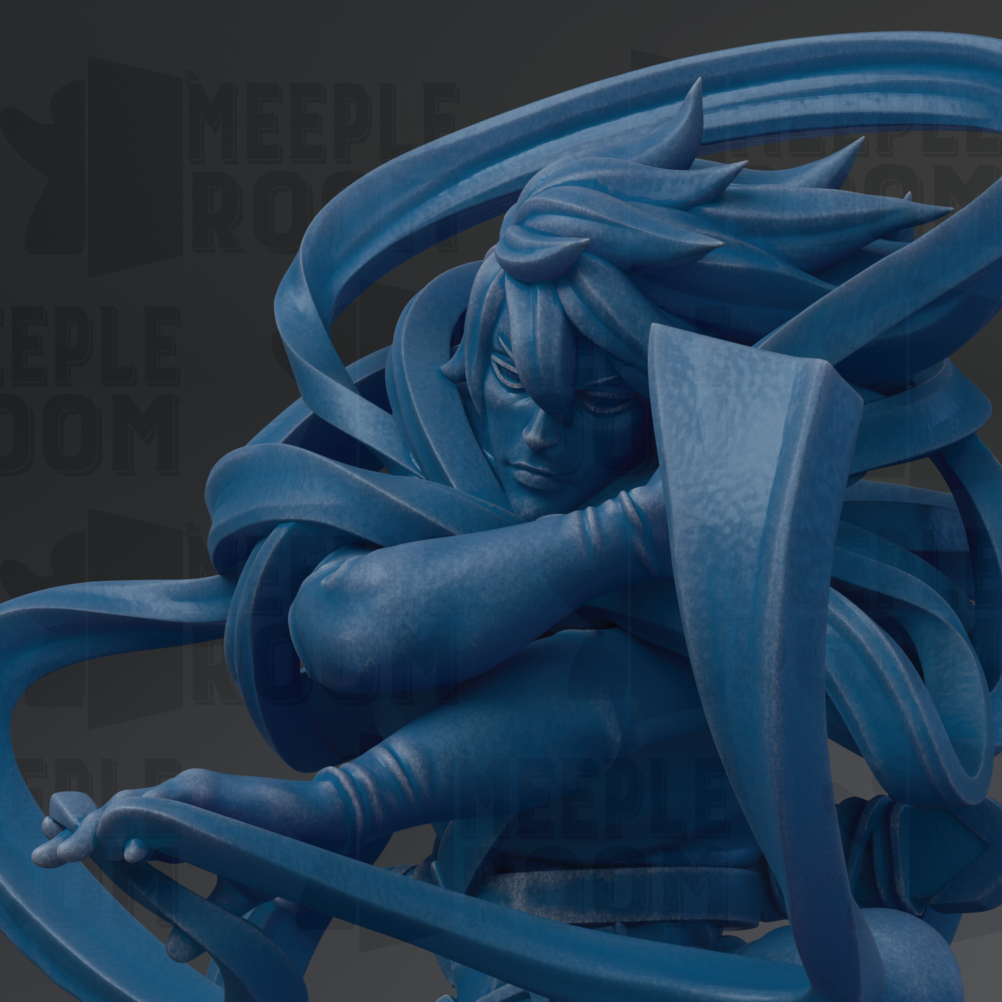 A close-up view of a blue, abstract sculpture depicting a figure with flowing, dynamic hair and intense facial expression.