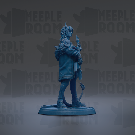 A blue figurine of a person standing on a platform, holding a weapon and wearing a jacket.