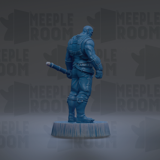 A blue statue of a muscular man holding a weapon, standing on a platform against a dark background with repeated text.