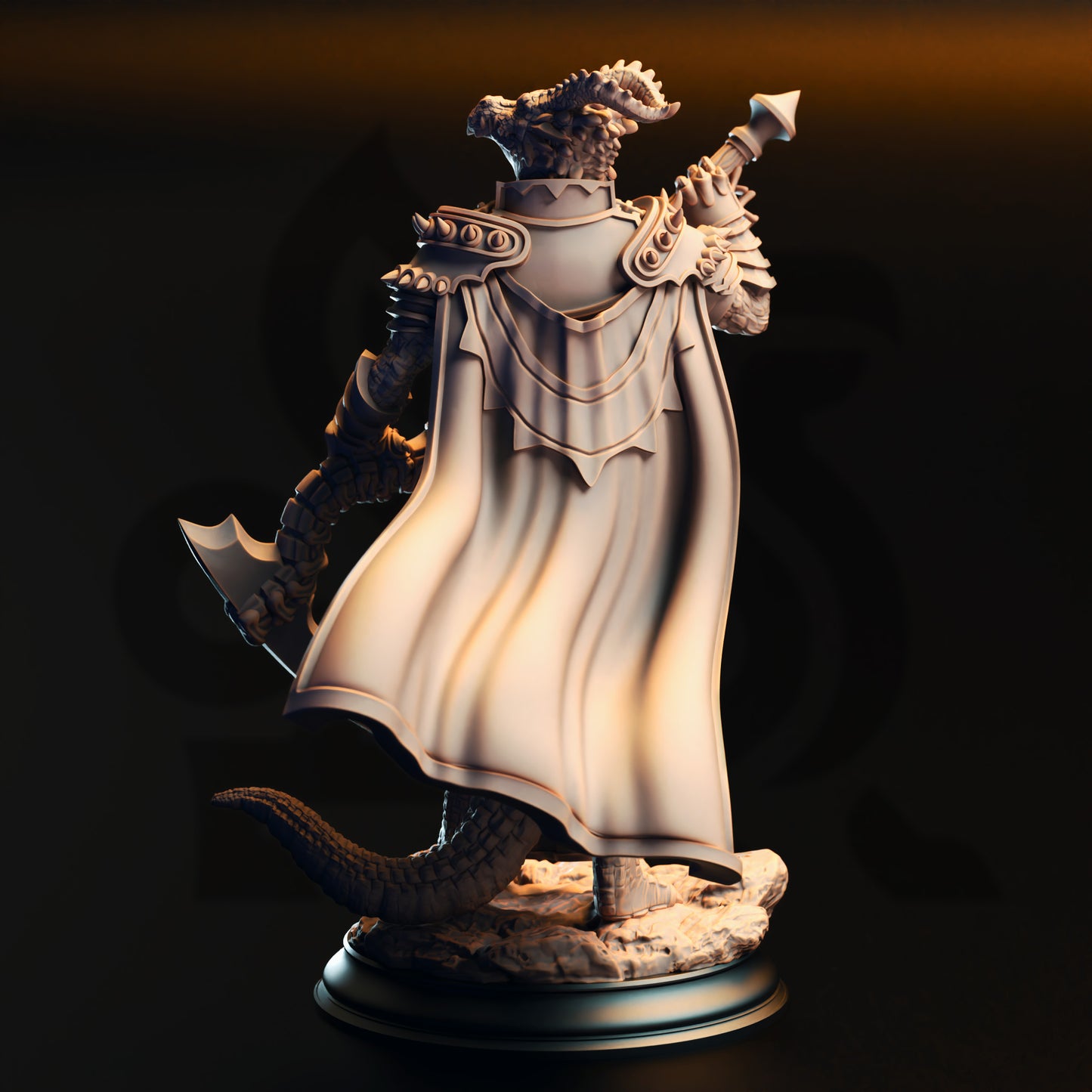 A detailed 3D rendering of a dragon statue, featuring intricate armor and a flowing cape, standing on a base against a dark background.