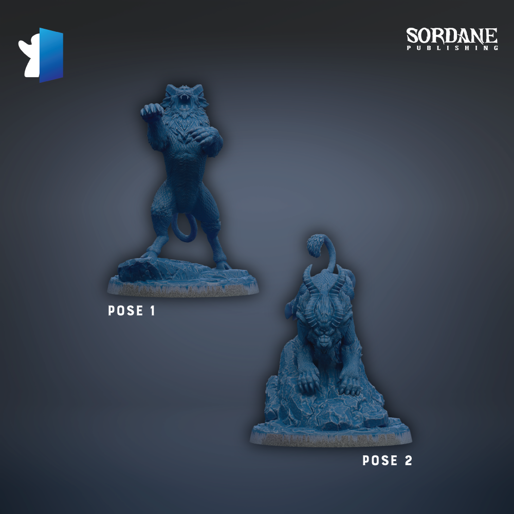 two blue figurines, one standing upright and the other sitting on a rock, with the text "POSE 1" and "POSE 2" indicating the pose of each figurine.