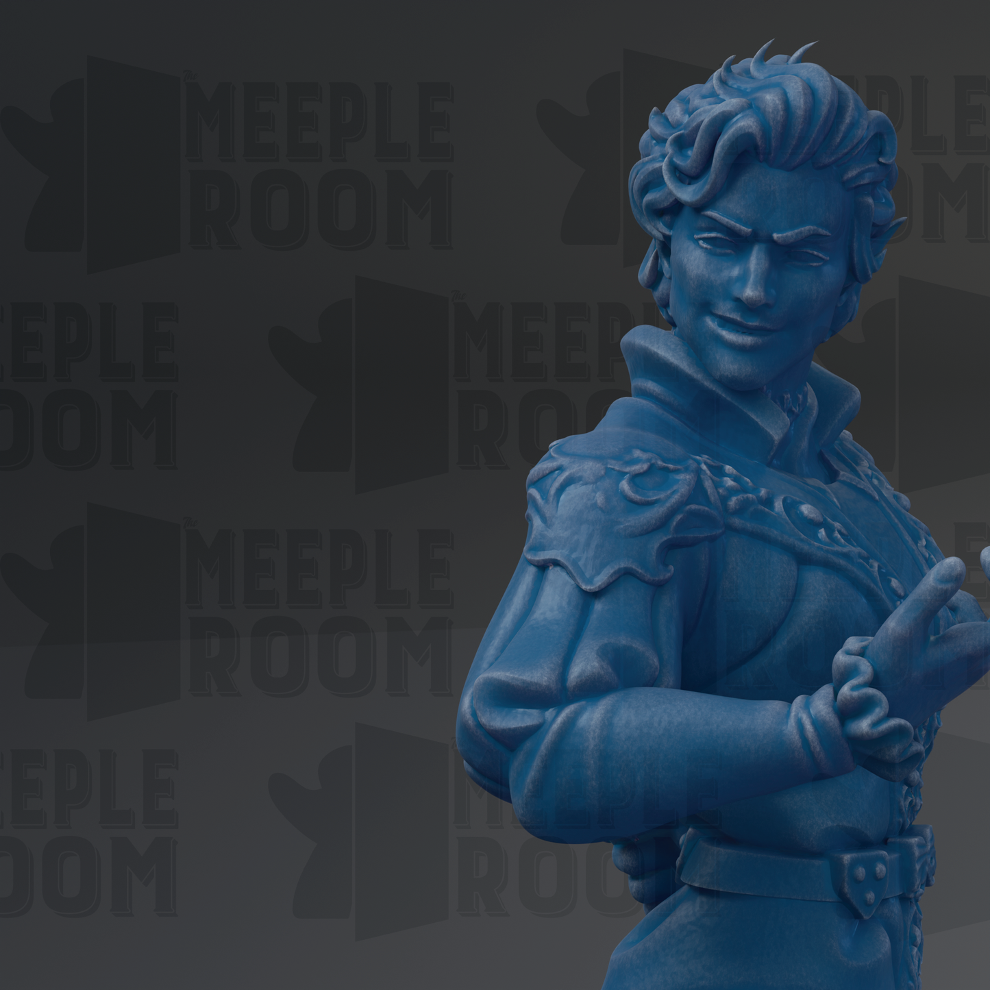 A blue statue of a person with curly hair and a serious expression, standing against a dark background with repeated text.