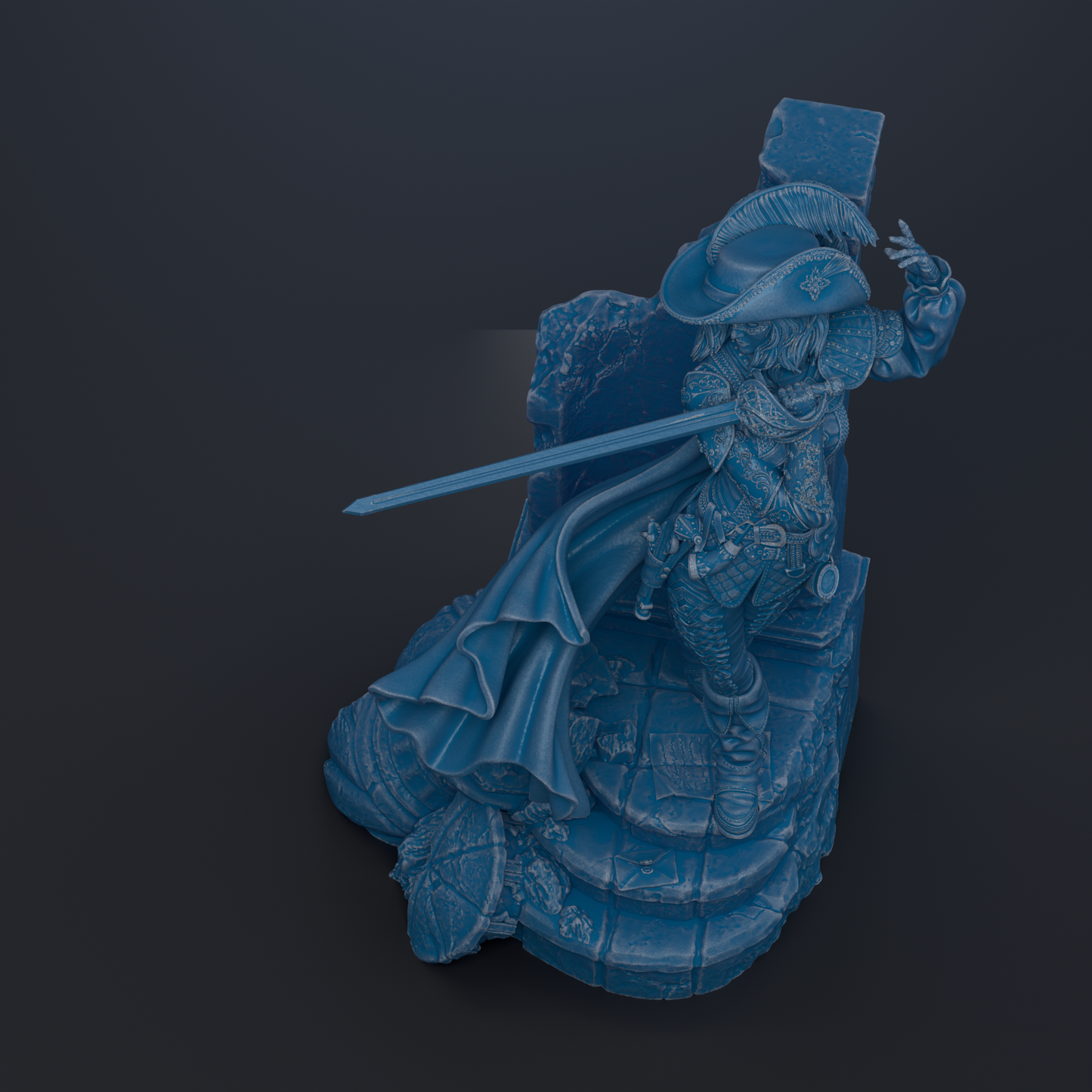A 3D rendering of a pirate statue with a sword and a hat, standing on a rock formation.