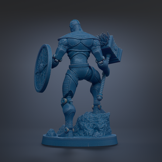 A 3D rendering of a blue armored figure holding a shield and a weapon, standing on a rock formation.
