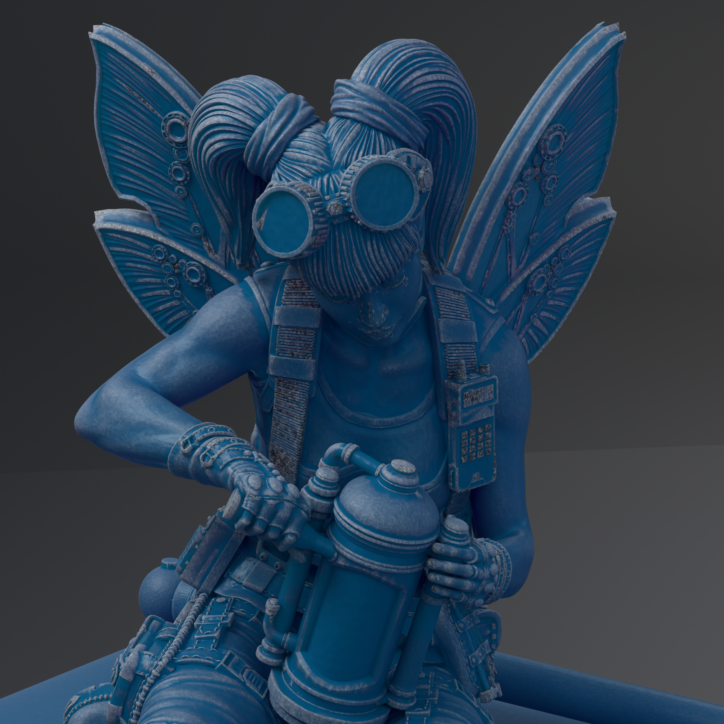 A blue, fantastical creature with large wings and a detailed headdress, holding a large object in its hands.