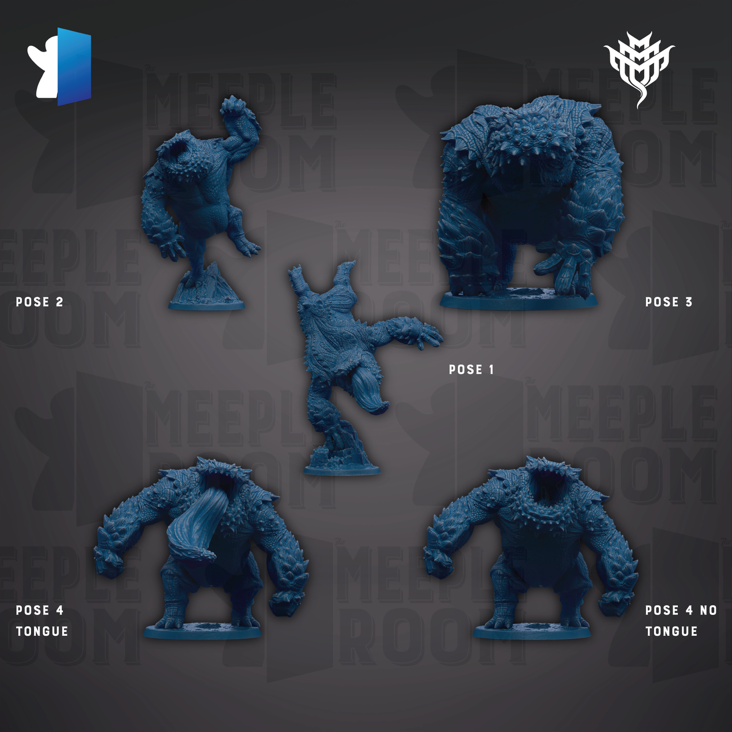 five blue figurines of creatures, each with a different pose, arranged against a dark background.