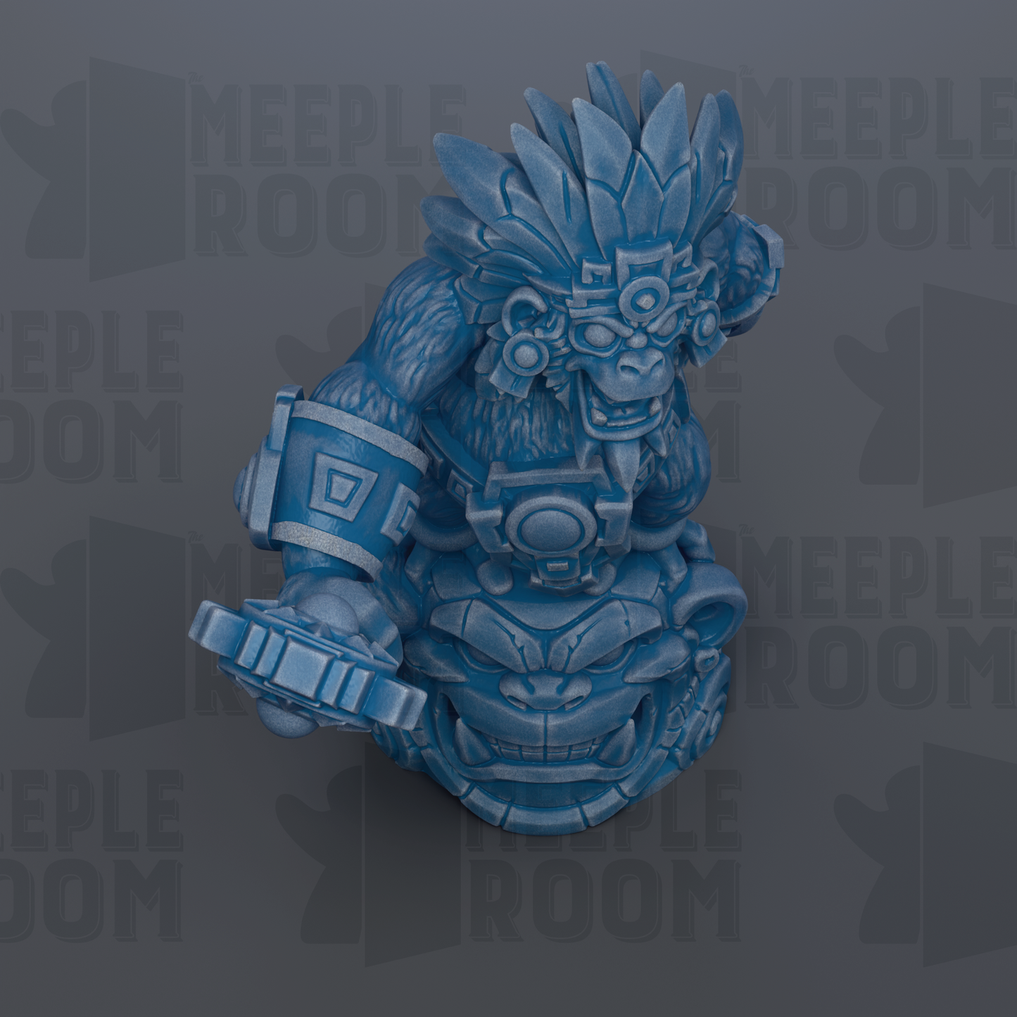 A blue, ceramic figurine of a creature with a fierce expression and intricate details, set against a dark background with repeated text.