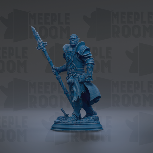 A blue armored knight figure holding a spear and standing on a base against a dark background with repeated text.