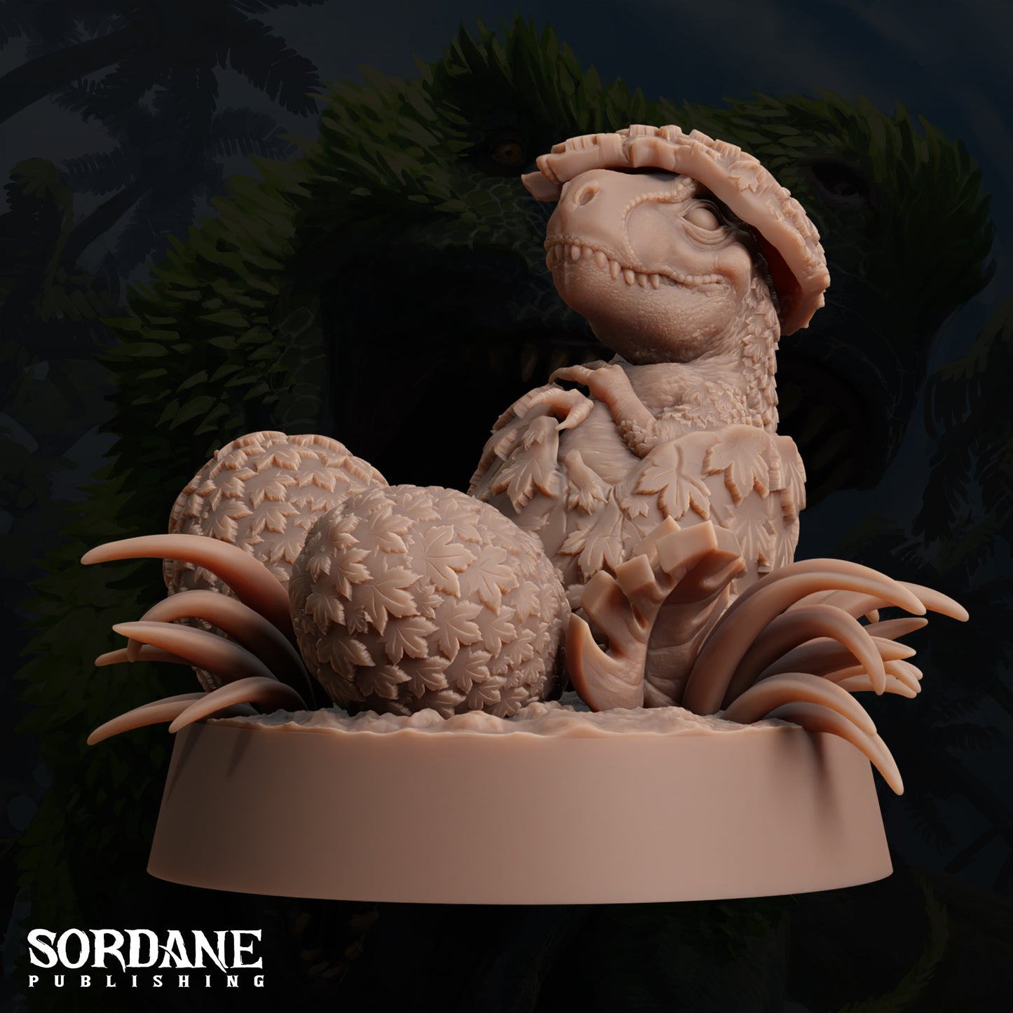 A 3D rendering of a dinosaur-like creature with a large head and a smaller body, sitting on a base with leaves and other natural elements.
