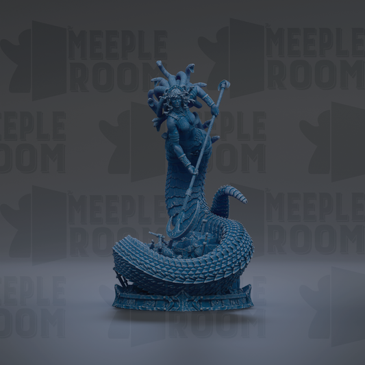 A 3D rendering of a blue, snake-like figure with a long, curved staff, standing on a platform.