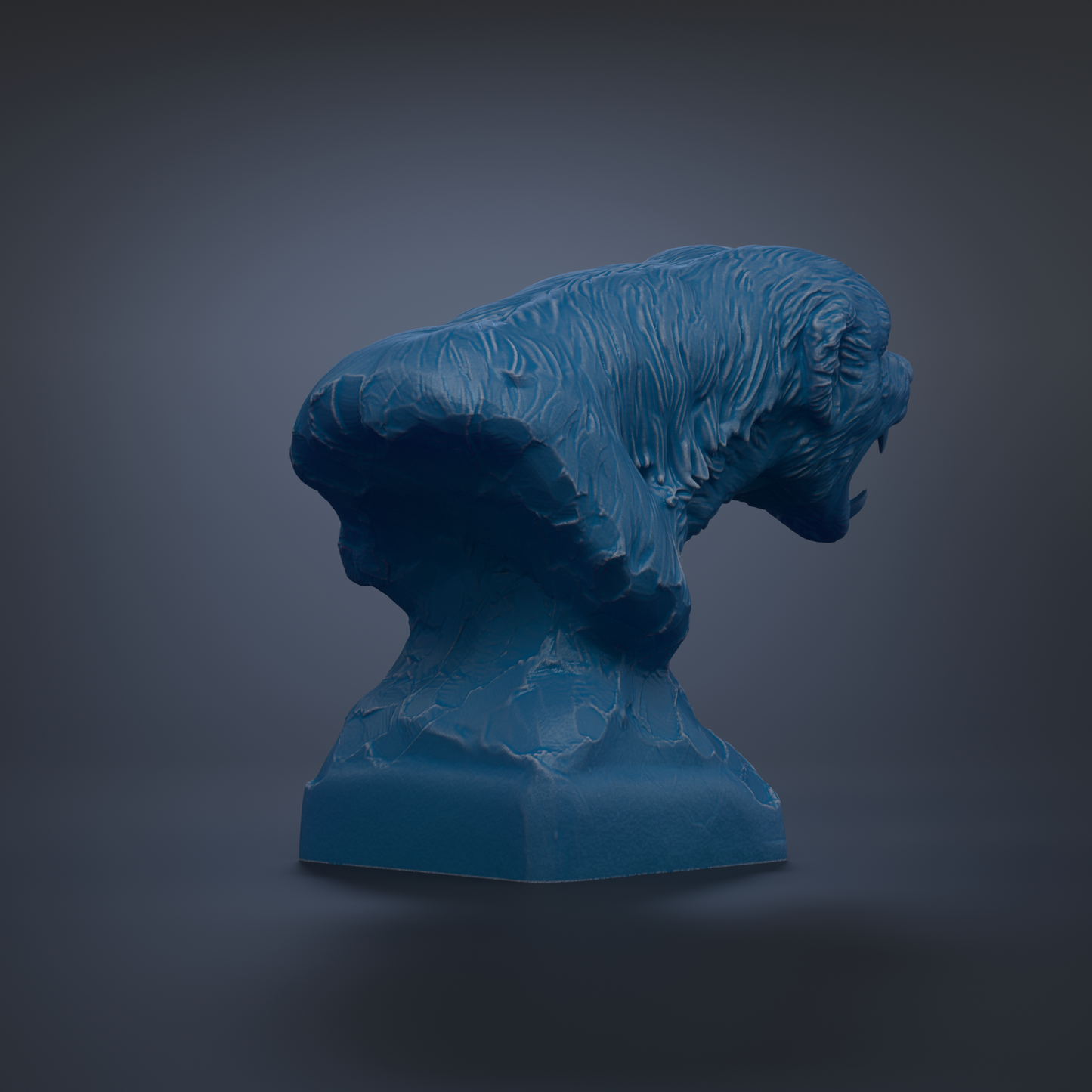 A blue, sculpted statue of a fierce-looking creature, possibly a mythical or fantastical animal, is shown against a dark background.