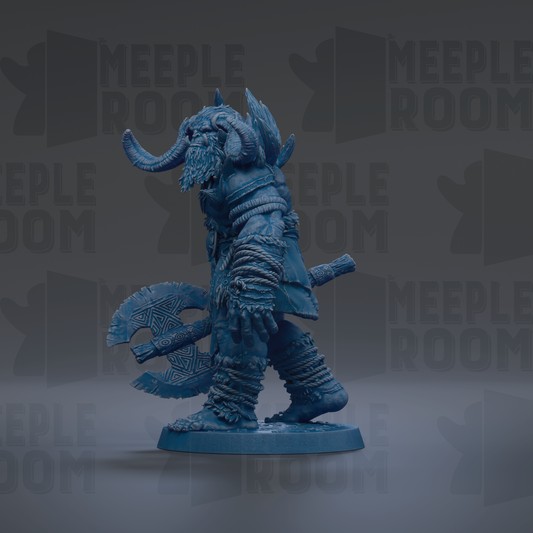A blue figurine of a warrior-like character with horns and a beard, holding a large weapon, is the main focus of the image.