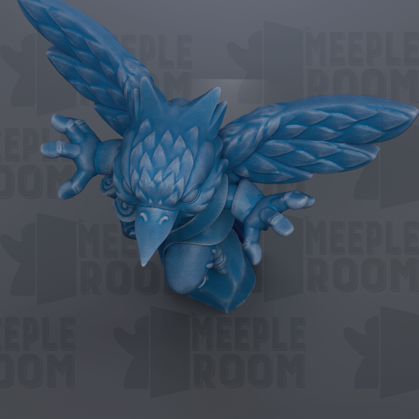 A blue bird-like creature with outstretched wings and sharp beak is prominently featured against a dark background with repeated text.