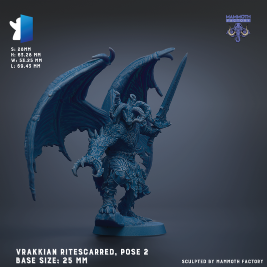 a blue, winged creature with horns and claws, holding a sword in its right hand. The creature is standing on a base and appears to be a sculpted figure. The image is of a size of 25 mm and is posed as a model of the Vrakkian Ritescarred, a character from the Mammoth Factory.