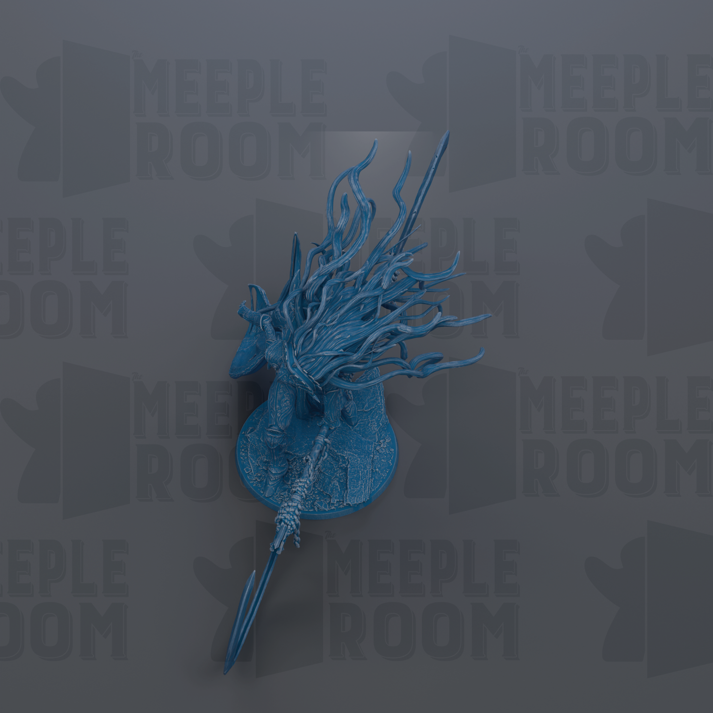 A blue, abstract sculpture with flowing, organic shapes and lines against a dark background.