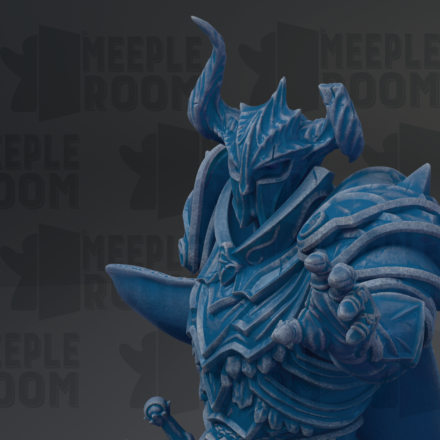 A close-up of a blue armored figure with a fierce expression, holding a weapon, against a dark background with repeated text.