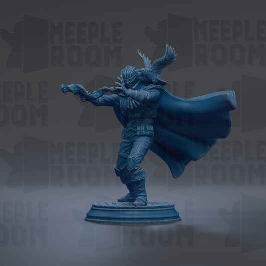 A blue statue of a person with wings, holding a sword and shield, standing on a pedestal against a dark background with repeated text.