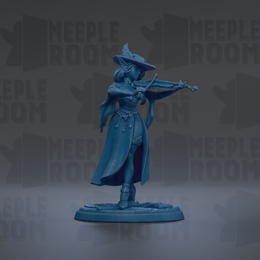 A blue figurine of a woman playing a musical instrument, such as a violin or flute, against a dark background with repeated text.