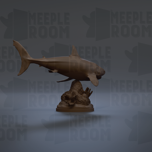 A 3D model of a shark sculpture is displayed against a dark background with repeated text.