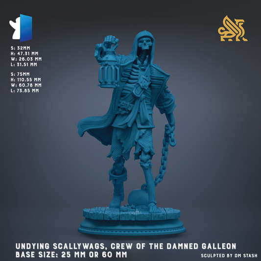 The image is a 3D model of a skeleton pirate, specifically the crew of the Damned Galleon, with a skull-wearing pirate hat and a lantern in their hand. The base size of the statue is either 25 mm or 60 mm.