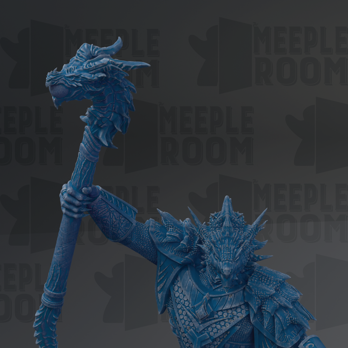 A detailed 3D rendering of a blue dragon-like creature holding a staff, with the text "MEUPLE ROOM" repeated in the background.