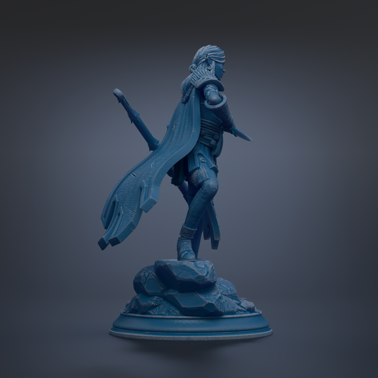 A 3D rendering of a figure in a cape, standing on a rock formation.