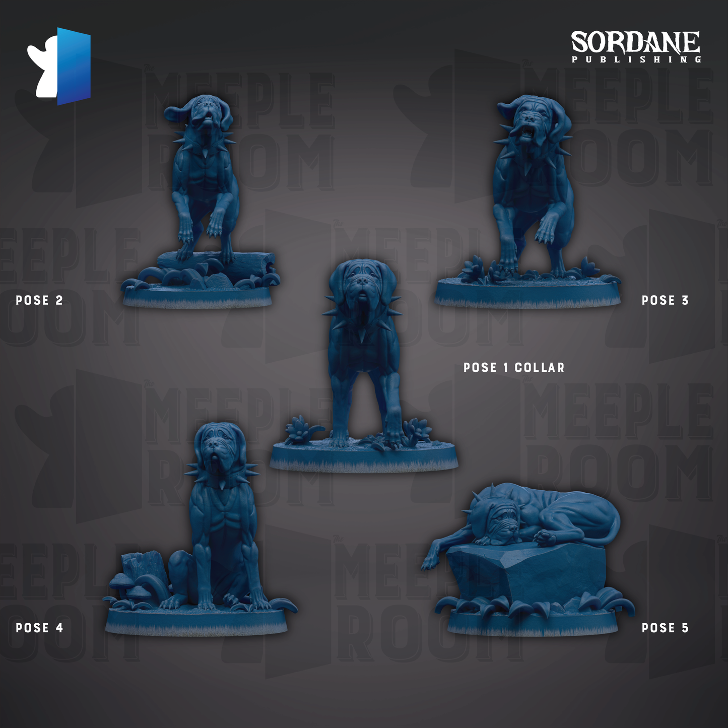 five different poses of a dog statue, each displayed on a separate pedestal.